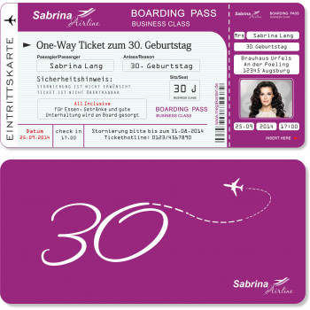 Geburtstagseinladung - Flugticket Boarding Pass lila
