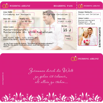Hochzeitseinladung - Flugticket Boarding Pass pink