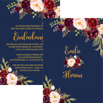 Hochzeitseinladung - Blumen Vintage Blau