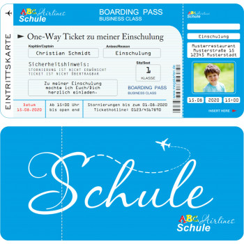 Einladung Einschulung - Boarding Pass Flugticket blau
