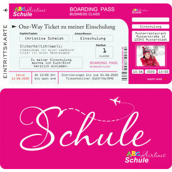 Einladung Einschulung - Boarding Pass Flugticket pink