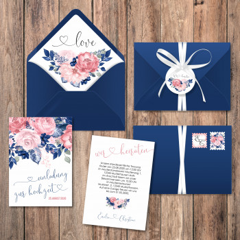 Hochzeitseinladung - Vintage Blumen Blau mit Umschlag & Anhänger