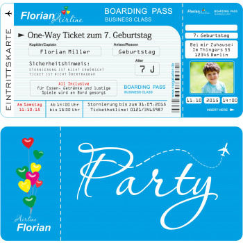 Einladungskarten Kindergeburtstag - Flugticket blau